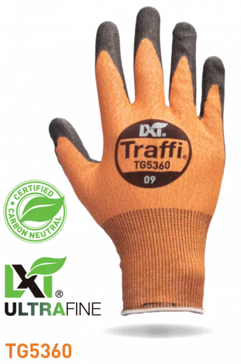 Traffi® TG5360 LXT® Carbon Neutral 18-gauge orange seamless knit X-Dura Polyurethane Coated A3 Cut Gloves with Touchscreen function